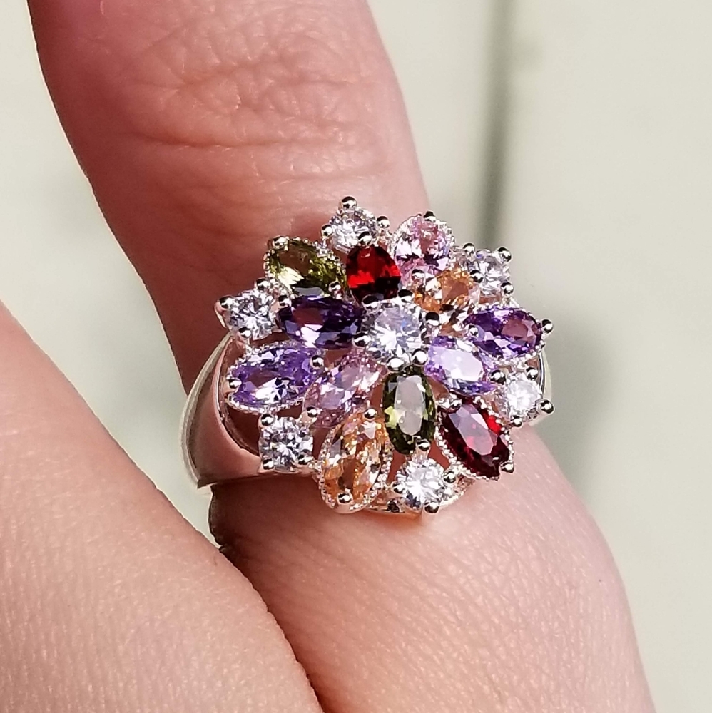 🆕️S925-Colorful Topaz Flower Shaped Ring Sz 10